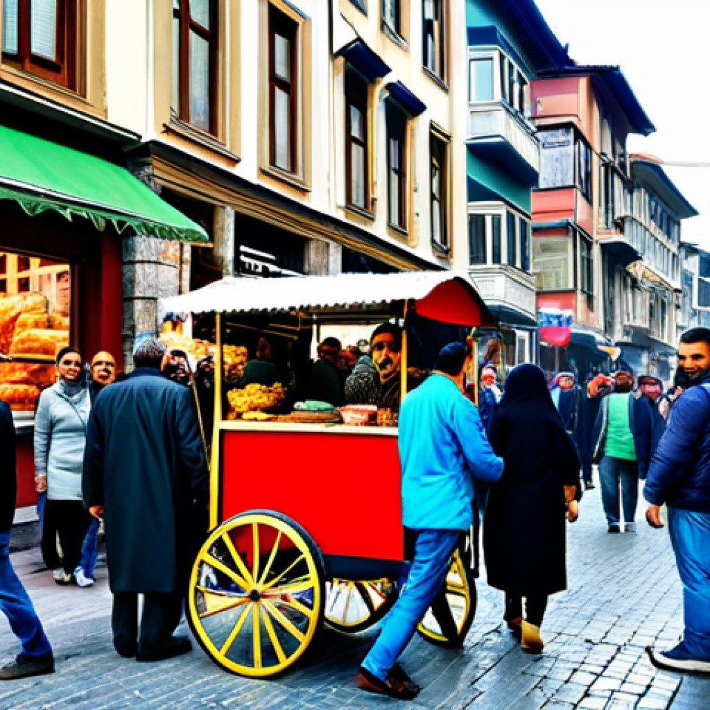 **
"A vibrant street scene in Istanbul's Beyoğlu district, depicting a *simit* seller with his cart amidst a bustling crowd of fully clothed people, modest attire, safe for work, appropriate content, perfect anatomy, natural proportions, professional photograph, bright and colorful, capturing the lively atmosphere, family-friendly."
**