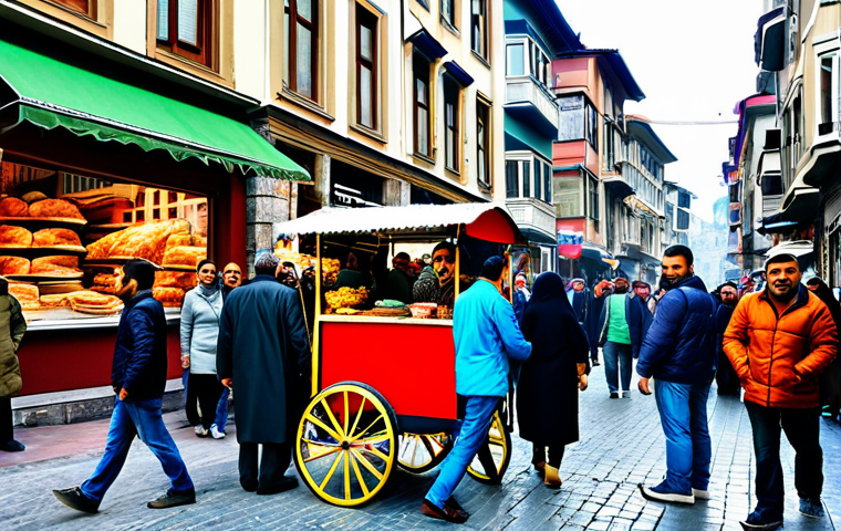 **
"A vibrant street scene in Istanbul's Beyoğlu district, depicting a *simit* seller with his cart amidst a bustling crowd of fully clothed people, modest attire, safe for work, appropriate content, perfect anatomy, natural proportions, professional photograph, bright and colorful, capturing the lively atmosphere, family-friendly."
**