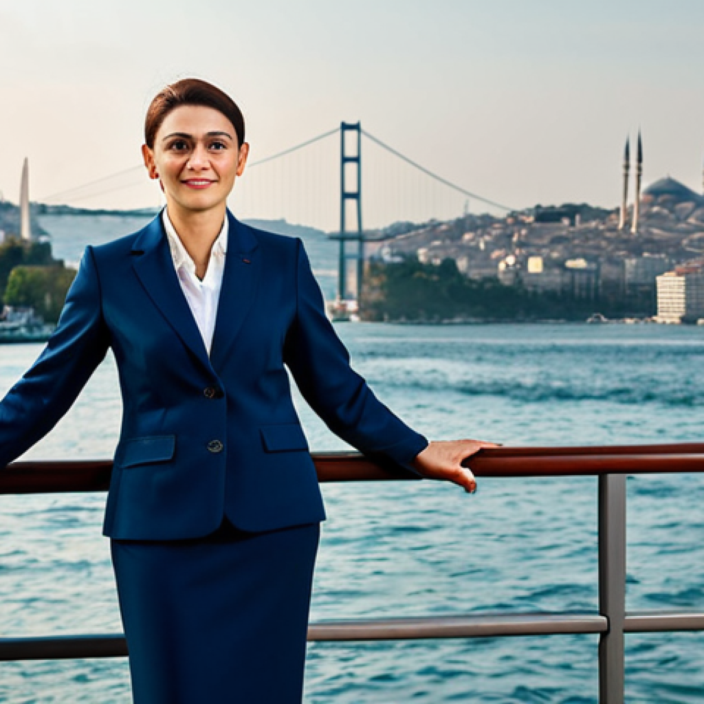 **
A professional businesswoman in a modest business suit, standing confidently in front of the Bosphorus with the iconic Istanbul skyline in the background, fully clothed, appropriate attire, safe for work, perfect anatomy, natural proportions, professional photography, high quality, family-friendly.
**