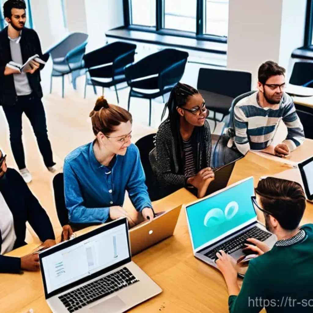 오픈소스 소프트웨어에 대한 FAQ - **Prompt 1: Collaborative Innovation in a Tech Hub**
"A vibrant, high-angle, wide shot depicting...