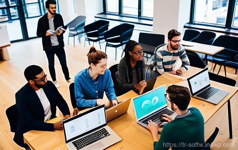 오픈소스 소프트웨어에 대한 FAQ - **Prompt 1: Collaborative Innovation in a Tech Hub**
"A vibrant, high-angle, wide shot depicting...