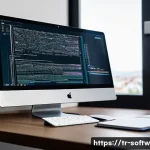 Home 19 오픈소스 소프트웨어의 콘텐츠 제작 방법 - A detailed scene of a modern Turkish software developer’s workspace featuring a large monitor displa...